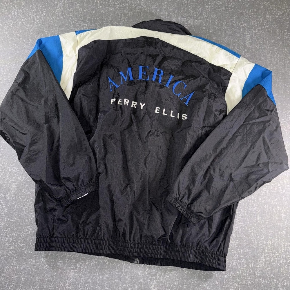 Perry Ellis America Jacket Mens XL Black Nylon Windbreaker Patriotic Logo